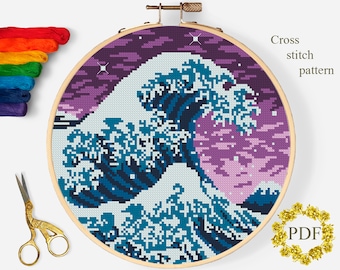 Onde moderno schema punto croce PDF, paesaggio marino contato schema punto croce, natura, oceano, impennata, ricamo artistico a cerchio, download digitale