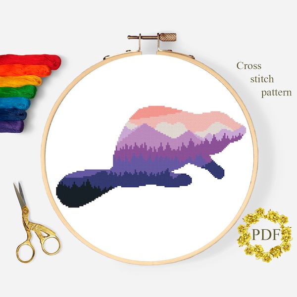 Beaver Silhouette Modern Cross Stitch Pattern PDF, Mountain Landscape Counted Cross Stitch Chart, Nature, Forest, Animal, Digital Download