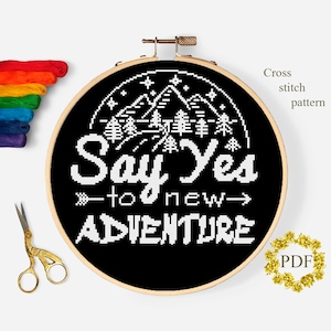 Adventure Modern Cross Stitch Pattern PDF, Mountain Landscape Counted Cross Stitch Chart, Nature, Stars, Hoop Embroidery, Digital Download