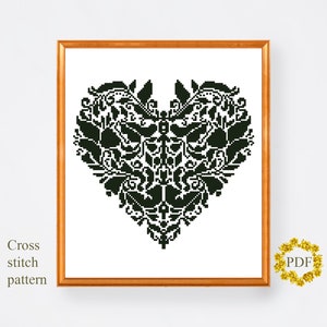 Heart Modern Cross Stitch Pattern PDF, Monochrome Counted Cross Stitch Chart, Geometric Xstitch, Love, Hoop Art Embroidery, Digital Download