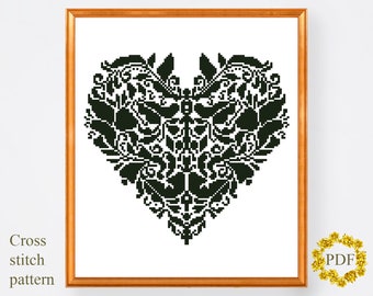 Heart Modern Cross Stitch Pattern PDF, Monochrome Counted Cross Stitch Chart, Geometric Xstitch, Love, Hoop Art Embroidery, Digital Download