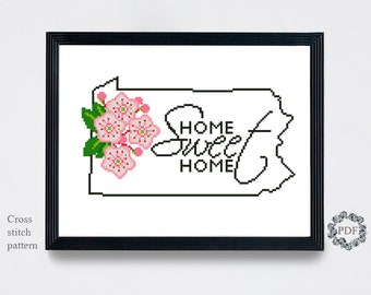 Pennsylvania State Flower Modern Cross Stitch Pattern PDF, USA Map Counted Cross Stitch Chart, Floral Embroidery, Hoop Art, Digital Download