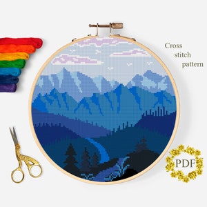 Berge modernes Kreuzstichmuster PDF, blaue Landschaft Kreuzstichvorlage, Natur, Wald, Hoop Art Embroidery, digitaler Download