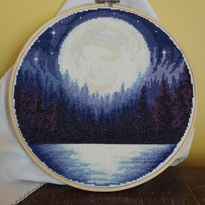 Landscape Modern Cross Stitch Pattern PDF, Moon Counted Cross Stitch Chart, Nature, Stars, Forest, River, Hoop Embroidery, Digital Download image 5