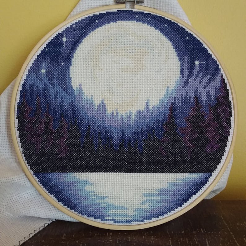 Landscape Modern Cross Stitch Pattern PDF, Moon Counted Cross Stitch Chart, Nature, Stars, Forest, River, Hoop Embroidery, Digital Download image 5