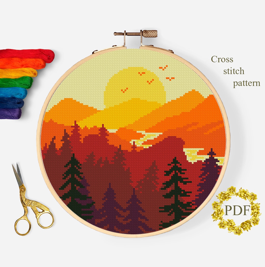 Mountain Landscape Cross Stitch Pattern PDF, Sunset Modern Counted ...