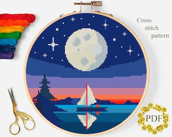 Paysage moderne point de croix modèle PDF, bateau sur la rivière tableau de point de croix compté, ciel étoilé, lune, broderie, téléchargement numérique