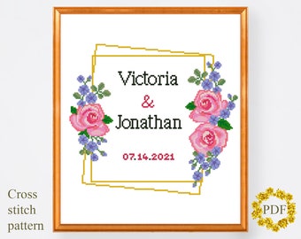 Wedding Frame Modern Cross Stitch Pattern PDF, Anniversary Marriage Counted Cross Stitch Chart, Flower, Floral Embroidery, Digital Download