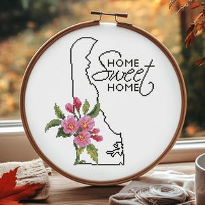 Delaware State Flower Modern Cross Stitch Pattern PDF, USA Map Counted Cross Stitch Chart, Peach, Floral Embroidery, New Home cross stitch