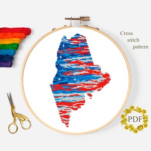 Maine State Karte moderne Kreuzstichmuster PDF, amerikanische Flagge Kreuzstichvorlage, Sterne, patriotische Stickerei, digitaler Download