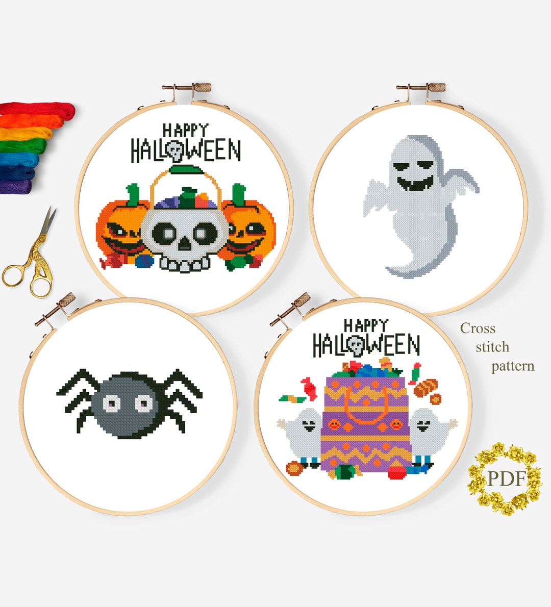 Set Halloween Modern Cross Stitch Pattern PDF, Pumpkin Counted Cross ...