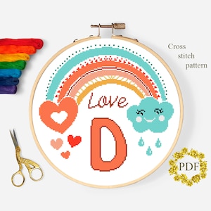 Letra D Patrón de punto de cruz moderno PDF, Monograma Bebé Contado Tabla de punto de cruz, Arco iris boho, Niños, Amor, Bordado, Descarga digital