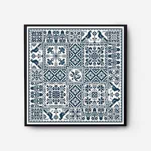 Folk Sampler Modern Cross Stitch Pattern PDF, Monochromatic Flowers Counted Cross Stitch Chart, Pillow, Carpet Embroidery, Digital Download