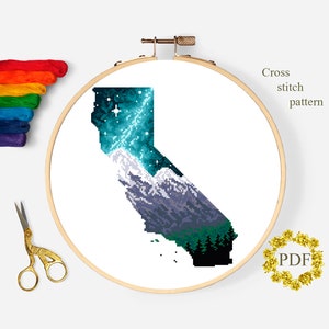 California State Modern Cross Stitch Pattern PDF, Map Counted Cross Stitch Chart, Mountain Landscape, Nature, Embroidery, Digital Download