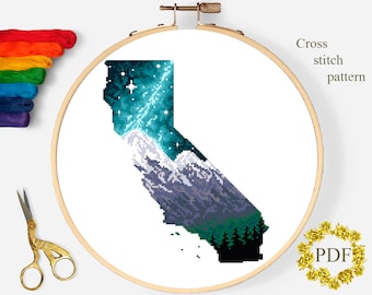 California State Modern Cross Stitch Pattern PDF, Map Counted Cross Stitch Chart, Mountain Landscape, Nature, Embroidery, Digital Download