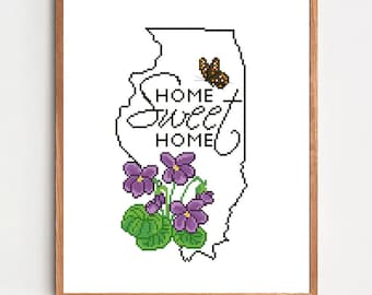 Illinois Flower Modern Cross Stitch Pattern PDF, Map Counted Cross Stitch Chart, Floral Embroidery, Digital Download