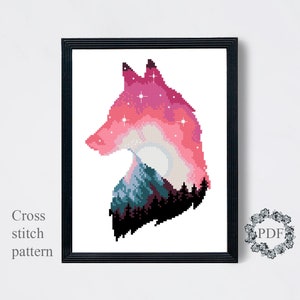 Wolf Silhouette Modern Cross Stitch Pattern PDF, Red Landscape Counted Cross Stitch Chart, Animal, Moon, Nature Embroidery, Digital Download