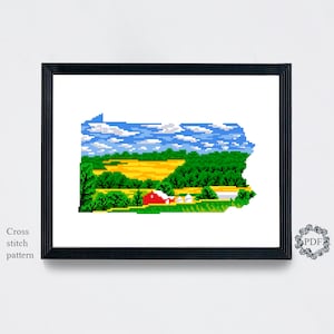 Patrón de punto de cruz moderno del estado de Pensilvania PDF, mapa de paisaje contado gráfico de punto de cruz, naturaleza, campo, bordado, descarga digital,