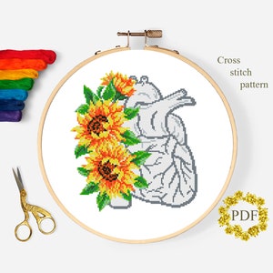 Heart Floral Modern Cross Stitch Pattern PDF, Anatomy Counted Cross Stitch Chart, Medical, Flowers Sunflowers, Embroidery, Digital Download