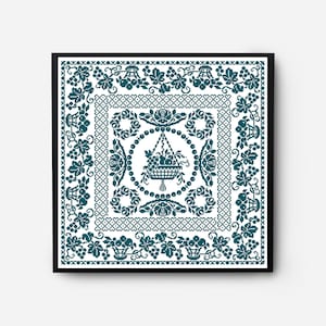 Floral Sampler Cross Stitch Pattern Modern, Monochrome Folk Cross Stitch Pattern PDF, Flowers, Pillow, Embroidery Vintage, Digital Download