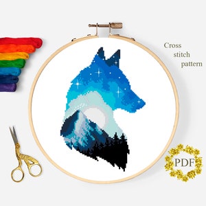 Wolf Silhouette Kreuzstichvorlage PDF, Berglandschaft Kreuzstichvorlage, Natur, Sternenhimmel, digitaler Download