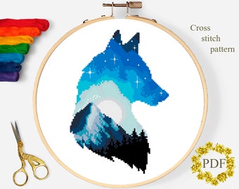 Wolf Silhouette Modern Cross Stitch Pattern PDF, Mountain Landscape Counted Cross Stitch Chart, Nature, Starry Night Sky, Digital Download