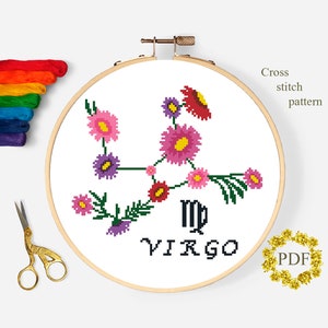 Patrón de punto de cruz moderno Virgo PDF, Gráfico de punto de cruz contado de signos del zodíaco, Flores, Astrología, Bordado floral, Aro, Descarga digital