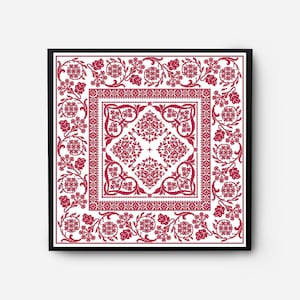 Può includere: Un ricamo rosso e bianco incorniciato con un motivo floreale. Il disegno è simmetrico e presenta un quadrato centrale con un quadrato più piccolo all'interno. Il ricamo è circondato da un bordo di motivi floreali più piccoli.