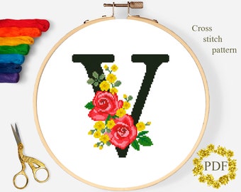 Letter V Modern Cross Stitch Pattern PDF, Monogram Floral Counted Cross Stitch Chart, Flowers Roses, Hoop Art Embroidery, Digital Download