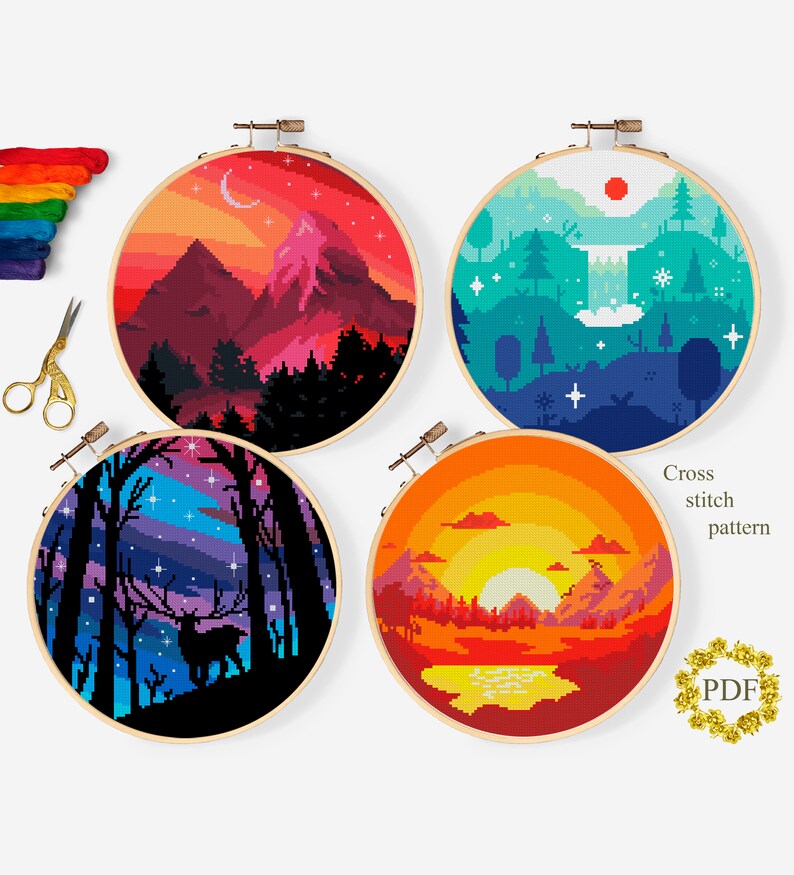 Set Nature Modern Cross Stitch Pattern PDF Landscape Counted - Etsy