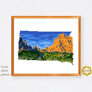 Patrón de punto de cruz moderno del estado de Dakota del Sur PDF, gráfico de punto de cruz contado de mapa, paisaje de montaña, naturaleza, bordado, descarga digital