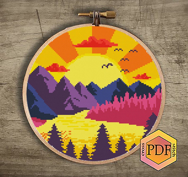 Sunset Landscape Modern Cross Stitch Pattern PDF, Mountains Counted ...
