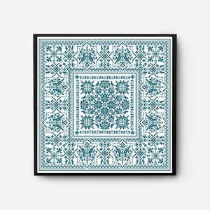 Monochromatic Sampler Cross Stitch Pattern PDF, Floral Folk Modern Counted Cross Stitch Chart, Pillow, Embroidery Antique, Instant Download