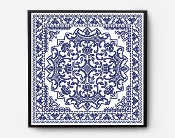 May include: A framed black and white print of a blue and white geometric pattern. The pattern is a traditional design with a repeating motif of flowers and leaves.