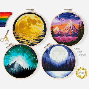 Set Landschaft Moderne Kreuzstich Anleitung PDF, Natur Kreuzstich Vorlage, Berge, Mond, Sterne, Hoop Stickerei, digitaler Download
