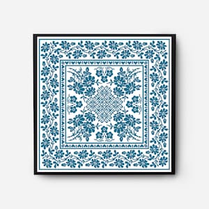 Folk Sampler Modern Cross Stitch Pattern PDF, Monochromatic Flowers Counted Cross Stitch Chart, Pillow, Carpet Embroidery, Digital Download