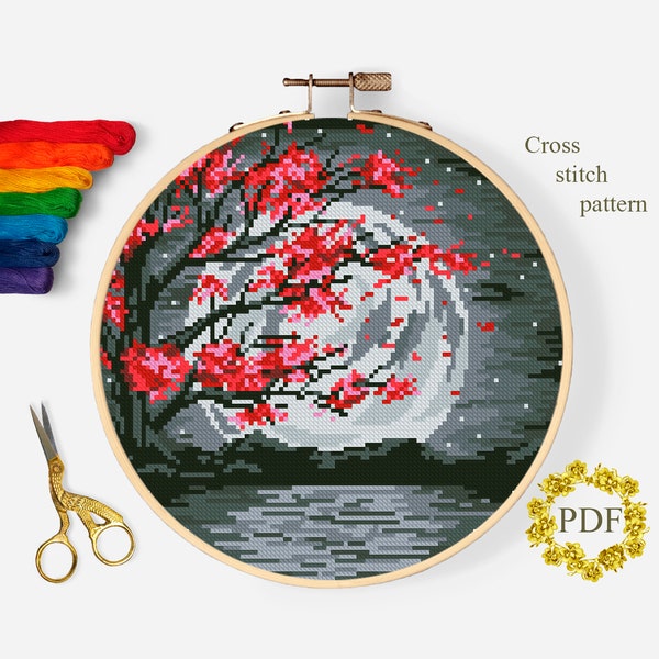 Sakura Tree Branch Modern Cross Stitch Pattern PDF, Landscape Counted Cross Stitch Chart, Nature, Moon, River, Embroidery, Digital Download