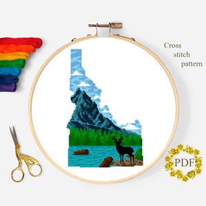Patrón de punto de cruz moderno del estado de Idaho (PDF), gráfico de punto de cruz con mapa, paisaje de montañas, ciervos, naturaleza, bordado, descarga digital