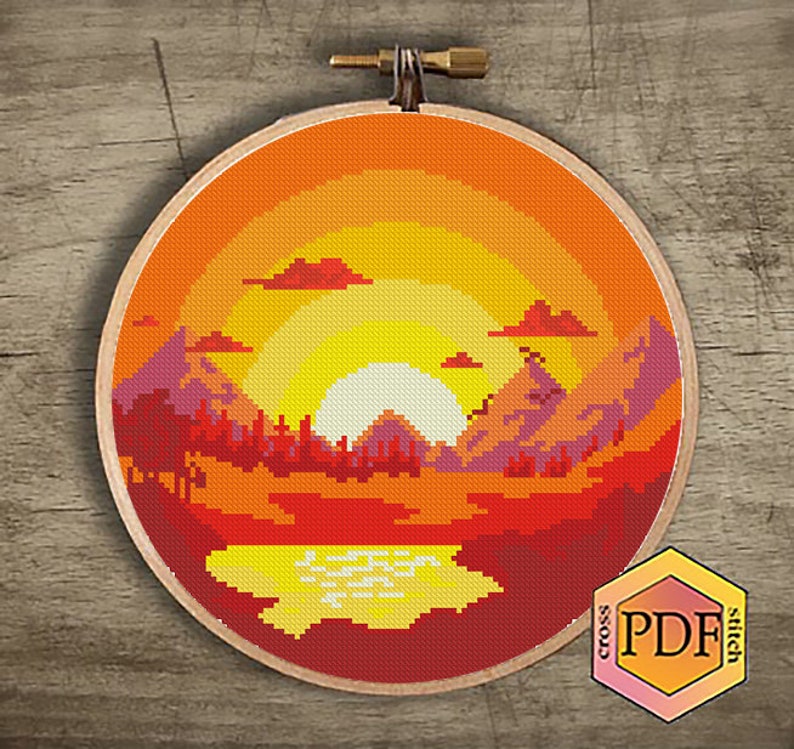 Mountain Landscape Modern Cross Stitch Pattern PDF, Sunset Counted ...