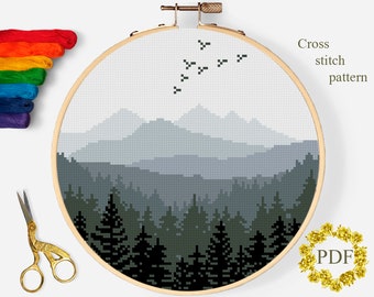 Nature Modern Cross Stitch Pattern PDF, Landscape Counted Cross Stitch Chart, Mountains Foggy, Forest, Hoop Art Embroidery, Digital Download