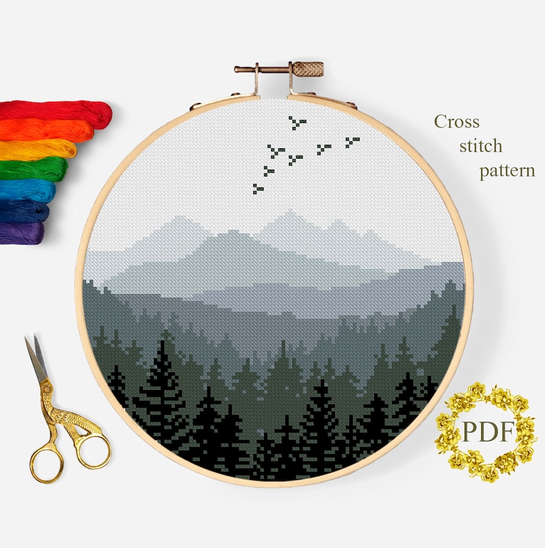 Nature Modern Cross Stitch Pattern PDF, Landscape Counted Cross Stitch Chart, Mountains Foggy, Forest, Hoop Art Embroidery, Digital Download 