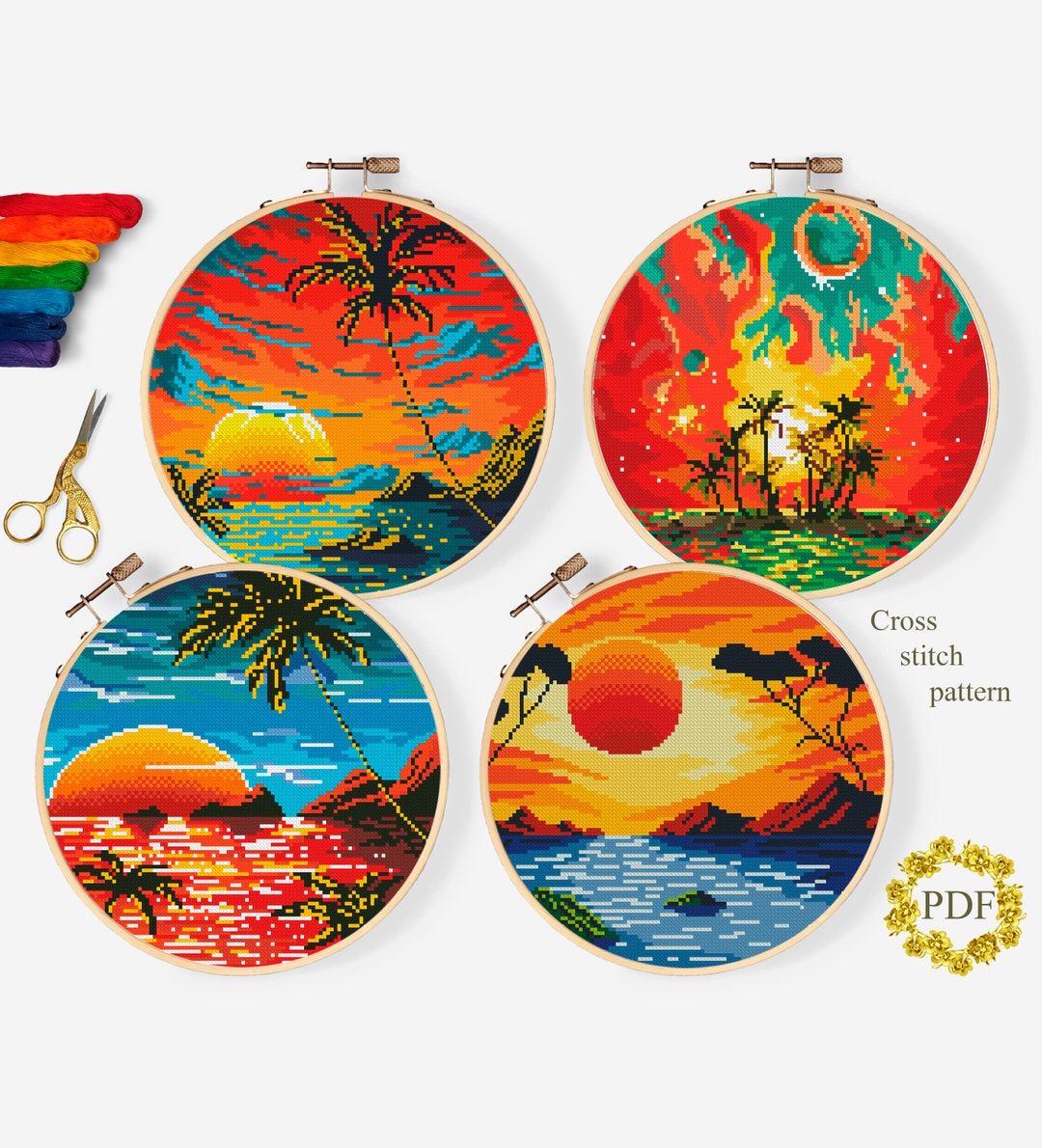 Set Sea Landscape Modern Cross Stitch Pattern PDF, Sunset Counted Cross ...