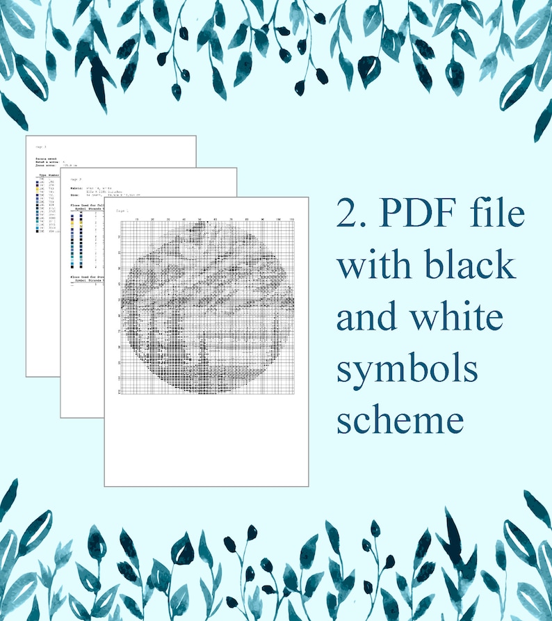 Pu&ograve; includere: File PDF in bianco e nero con uno schema a punto croce. Lo schema &egrave; un cerchio con un disegno all'interno. Il testo "2. File PDF con simboli in bianco e nero" &egrave; sul lato destro dell'immagine.