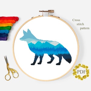 Silhouette Fox moderno schema punto croce PDF, schema punto croce contato animali, paesaggio montano, natura, ricamo, download digitale