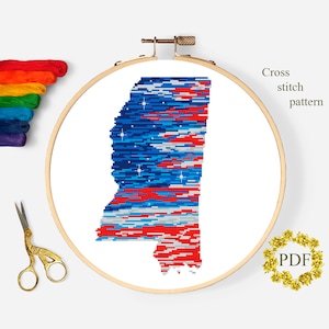 État du Mississippi, modèle de point de croix moderne PDF, carte des États-Unis, tableau de point de croix compté, drapeau américain, broderie patriotique, téléchargement numérique