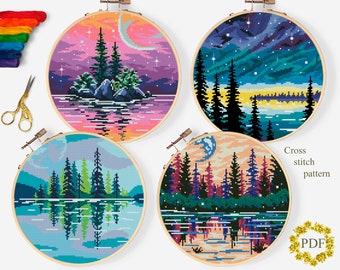 Set Landscape Modern Cross Stitch Pattern PDF, Nature Counted Cross Stitch Chart, River, Trees, Starry Sky, Hoop Embroidery Digital Download