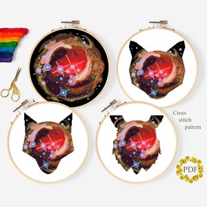 Set Galaxy Cross Stitch Pattern Modern PDF, Animals Counted Cross Stitch Chart, Landscape, Wolf, Owl, Cat, Hoop Embroidery, Digital Download