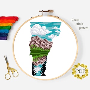Mapa del estado de Vermont Patrón de punto de cruz moderno PDF, Paisaje EE.UU. Gráfico de punto de cruz contado, Montañas, Naturaleza, Bordado, Descarga digital