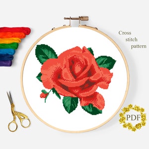Patrón de punto de cruz moderno de acuarela rosa PDF, gráfico de punto de cruz contado de flores, floral, naturaleza, bordado de arte de aro, descarga digital
