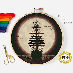 Segelboot Kreuzstichvorlage PDF, Meer Landschaft Kreuzstichvorlage, Natur, Mond, Segelschiff, Stickerei, digitaler Download